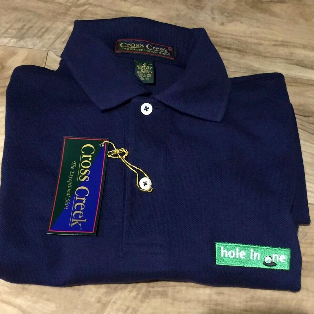 NWT Vintage 90s Cross Creek Golf Polo Shirt S Navy Hole In One
